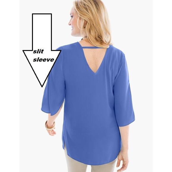 💜 3/$25💜 Chico's (3)  X-Large Easy V-Neck Tunic TOP Slit Sleeve Blouse Blue - Picture 1 of 12